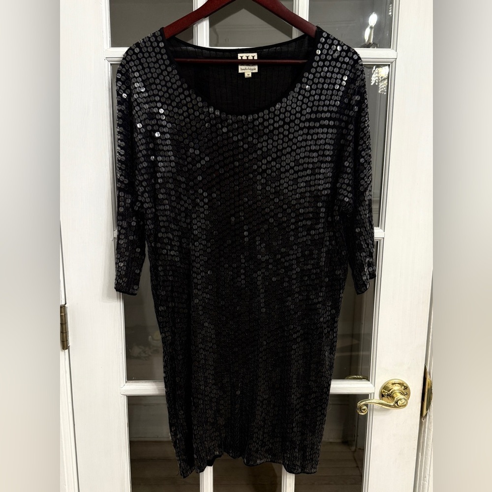 HAUTE HIPPIE Women’s Black Sequin Scoop Neck Long Sleeve Dress Size M